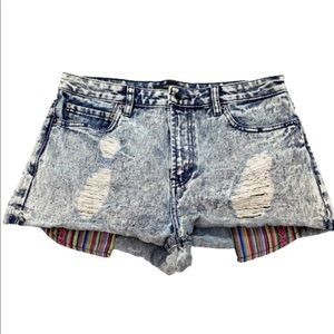 Forever 21 Stonewash Distressed Striped Peekaboo Pocket High Rise Retro Shorts
